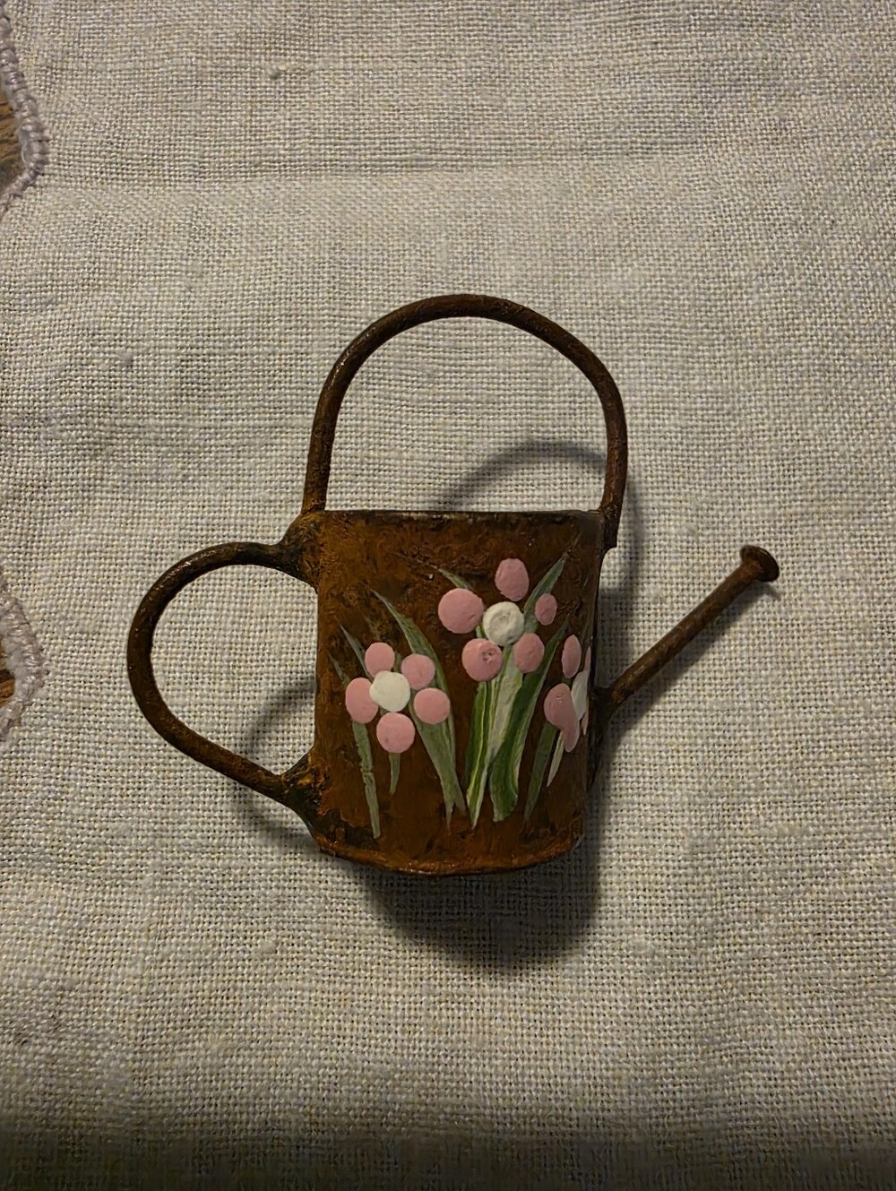 Vintage Small Hand Painted Rustic Watering Can Brooch